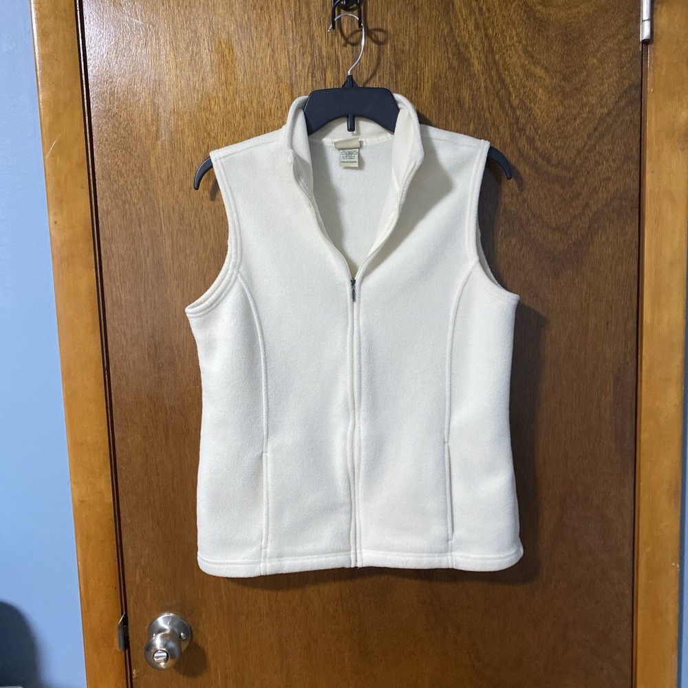 L.L. Bean Polartec Fleece Vest Womens Size M Ivory Full Zip Pockets 259068